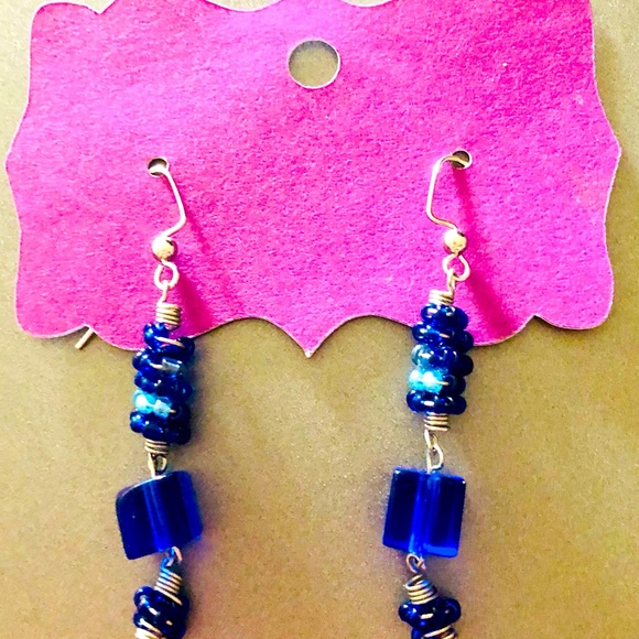 HomeMade Jewelry - Handmade Beaded Blue Beads Hanging Earrings | easy to stay on | Brand New | Gift